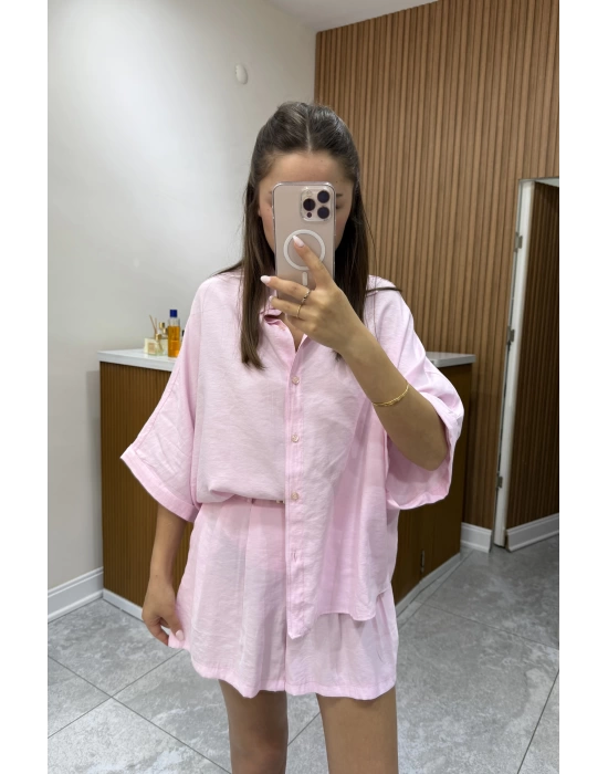 Pembe Tensel Gömlek Şort Takım