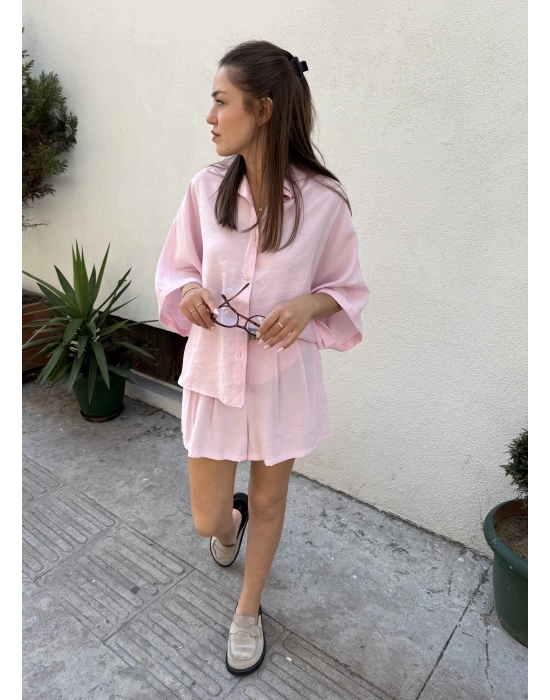 Pembe Tensel Gömlek Şort Takım