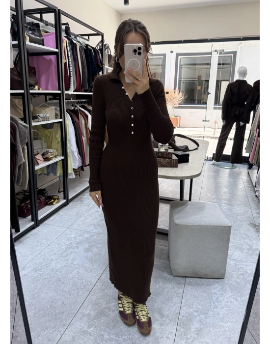Polo Yaka Acı Kahve Triko Elbise