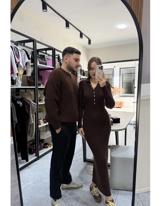 Polo Yaka Acı Kahve Triko Elbise
