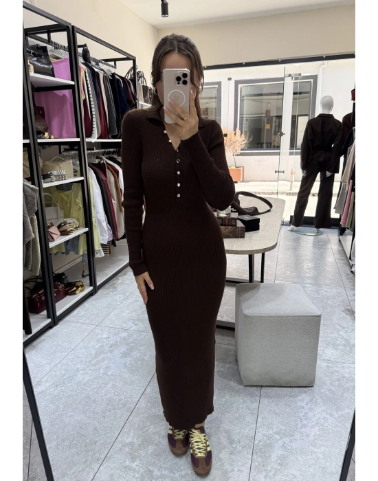 Polo Yaka Acı Kahve Triko Elbise