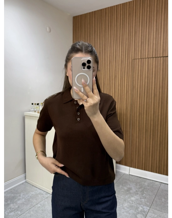 Polo Yaka Kısa Kol Acı Kahve Triko