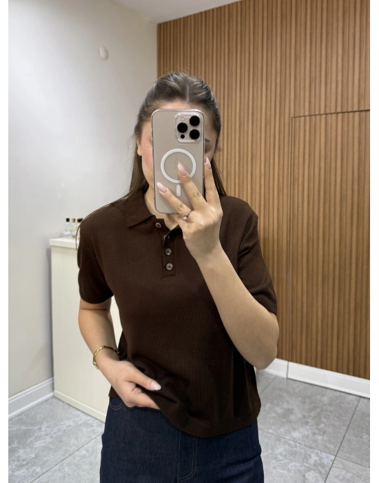 Polo Yaka Kısa Kol Acı Kahve Triko