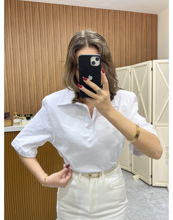 Polo Yaka Vatkalı Tshirt Beyaz