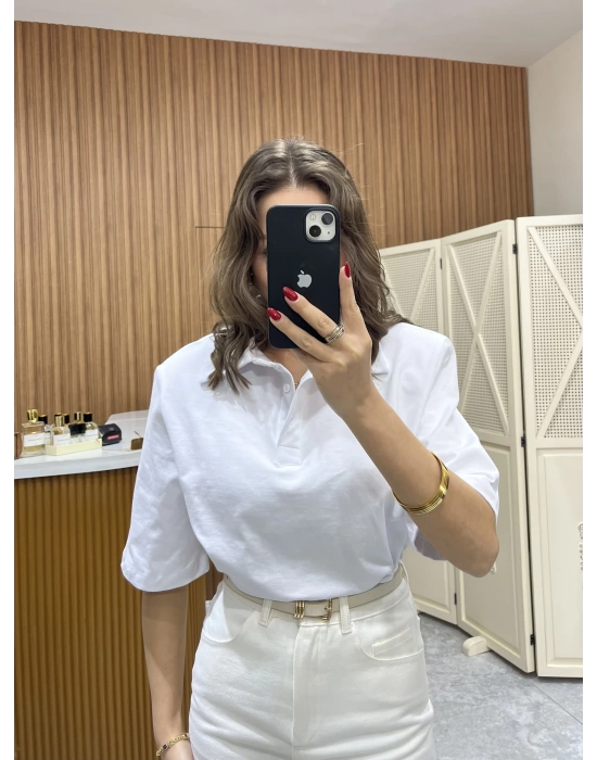 Polo Yaka Vatkalı Tshirt Beyaz