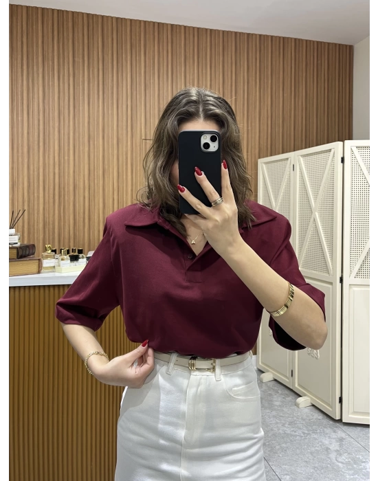 Polo Yaka Vatkalı Tshirt Bordo