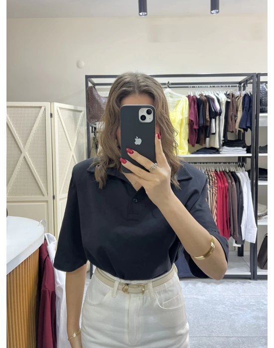 Polo Yaka Vatkalı Tshirt Siyah
