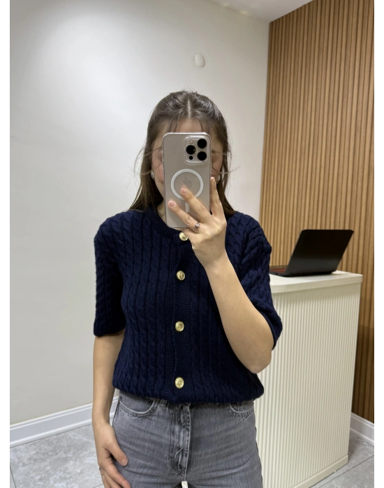 Saç Örgülü Triko Hırka Lacivert