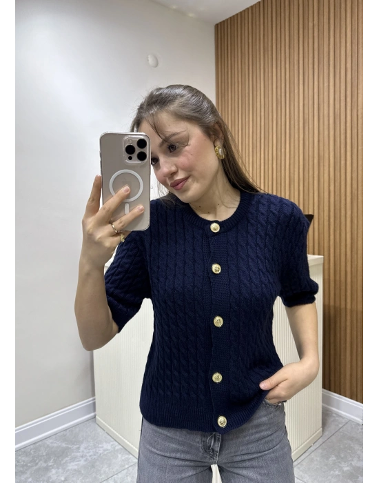 Saç Örgülü Triko Hırka Lacivert