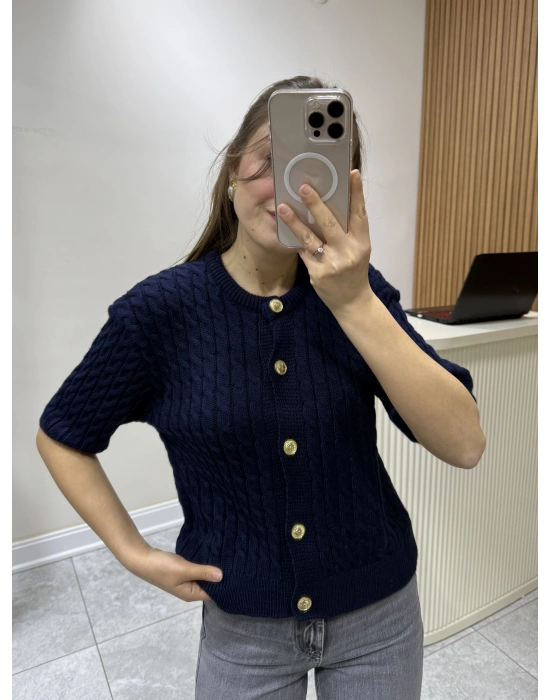 Saç Örgülü Triko Hırka Lacivert