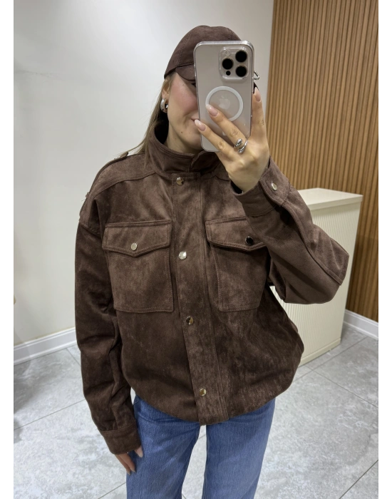 Süet Apoletli Bomber Ceket Kahve