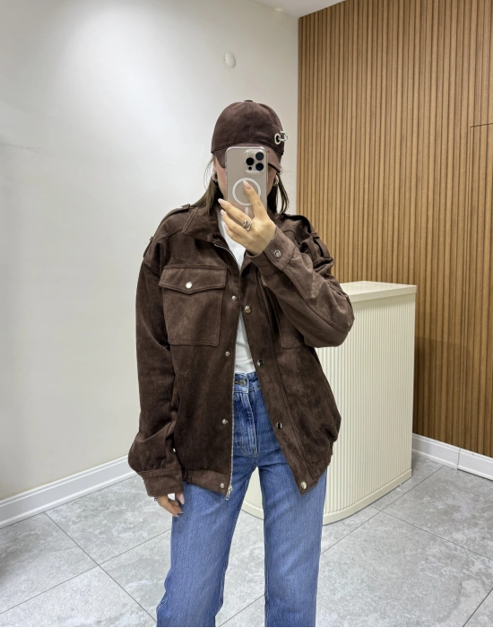 Süet Apoletli Bomber Ceket Kahve