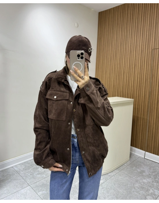 Süet Apoletli Bomber Ceket Kahve