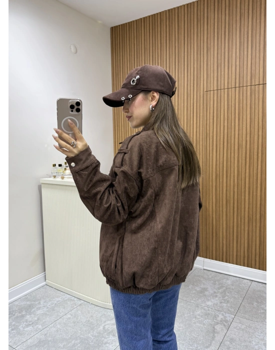 Süet Apoletli Bomber Ceket Kahve