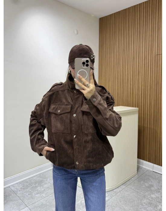 Süet Apoletli Bomber Ceket Kahve