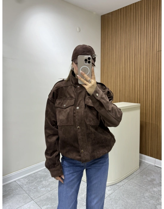 Süet Apoletli Bomber Ceket Kahve