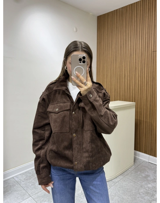 Süet Apoletli Bomber Ceket Kahve