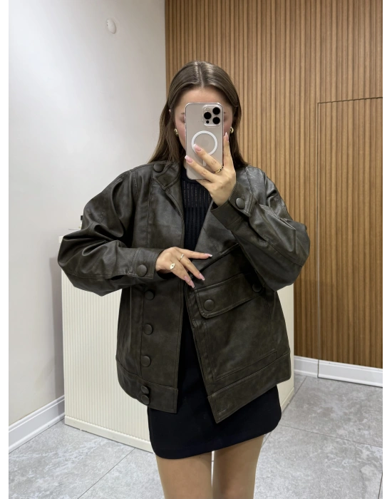 Tasarım Oversize Deri Ceket Haki