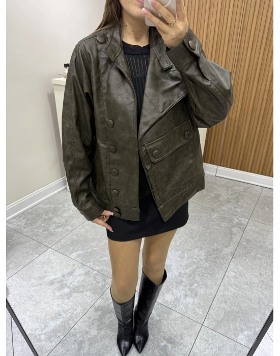 Tasarım Oversize Deri Ceket Haki