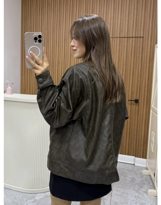 Tasarım Oversize Deri Ceket Haki