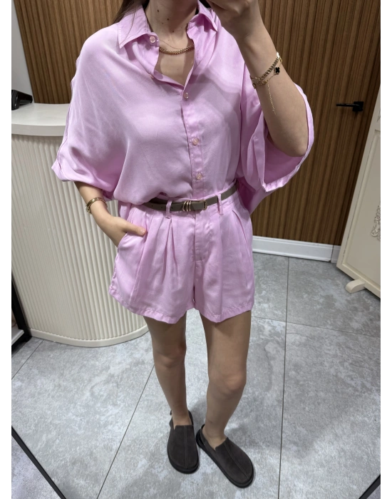 Tensel Gömlek Şort Takım Pembe