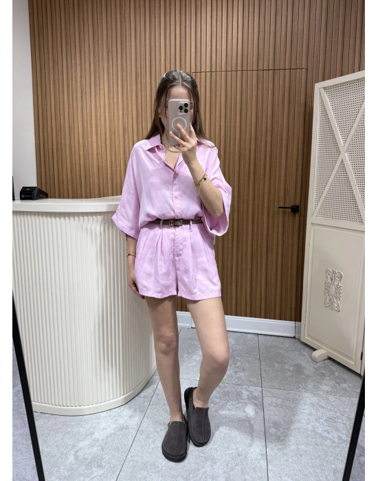 Tensel Gömlek Şort Takım Pembe