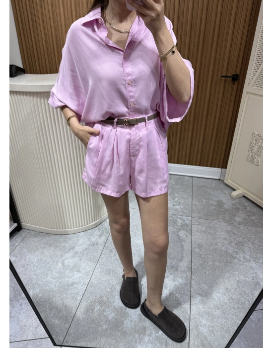 Tensel Gömlek Şort Takım Pembe