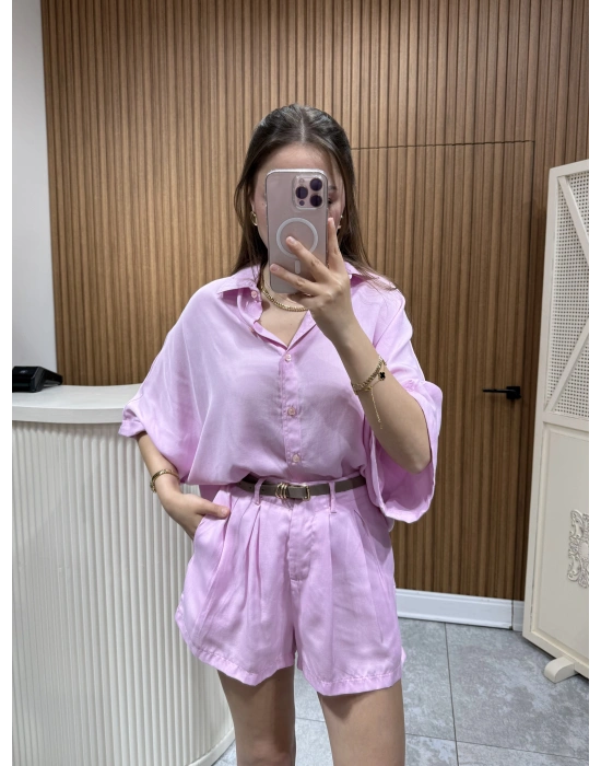 Tensel Gömlek Şort Takım Pembe