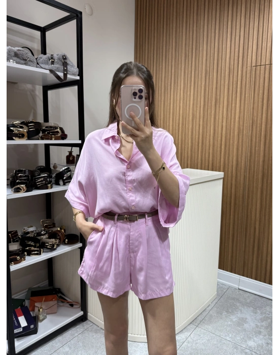 Tensel Gömlek Şort Takım Pembe