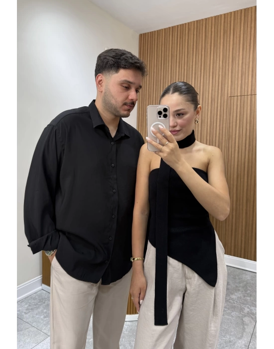 Tensel Oversize Siyah Gömlek