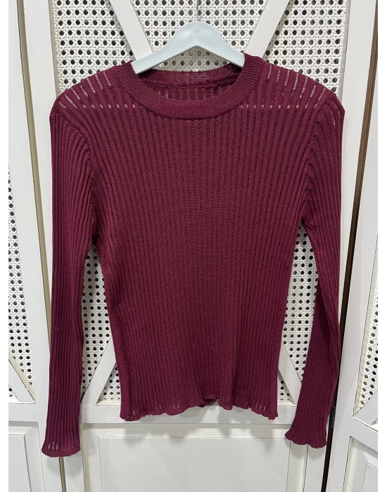 Transparan Triko Bluz Bordo