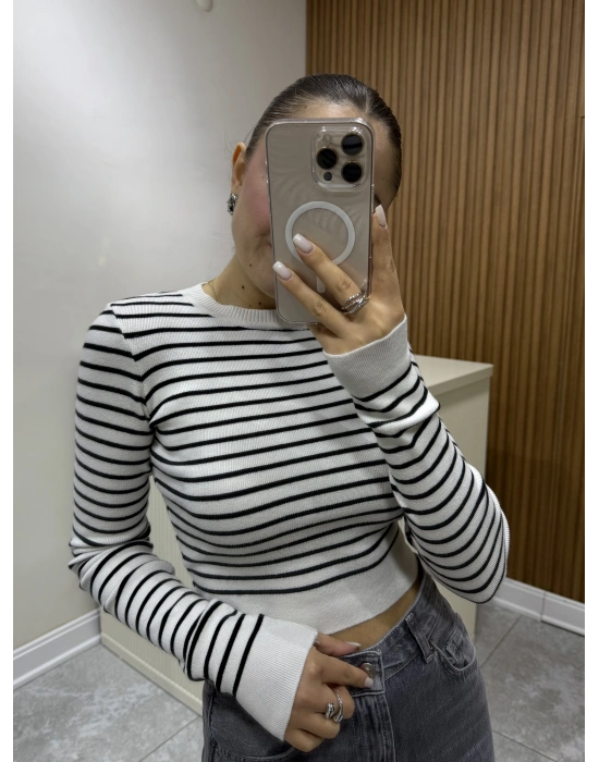 Triko Çizgili Crop Ekru