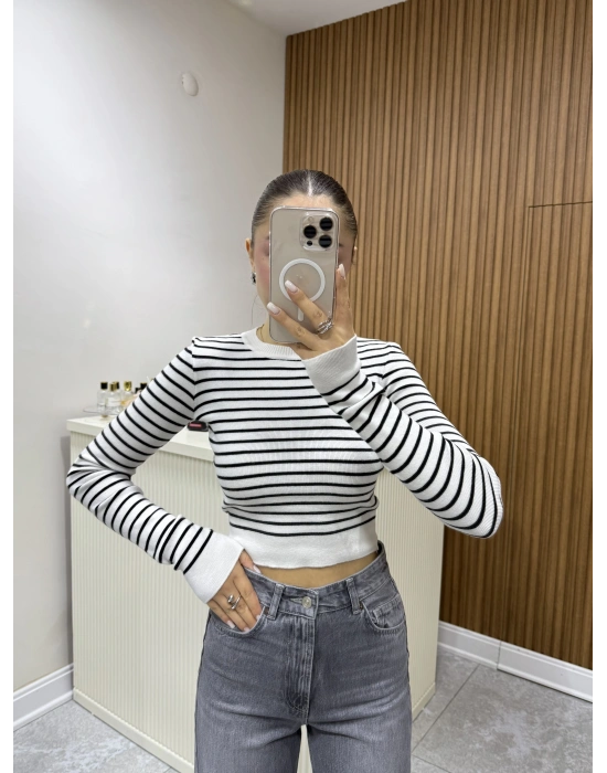Triko Çizgili Crop Ekru