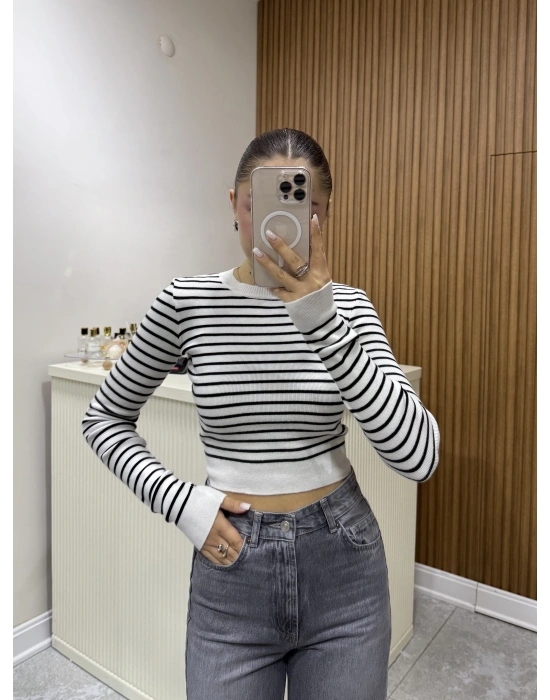 Triko Çizgili Crop Ekru