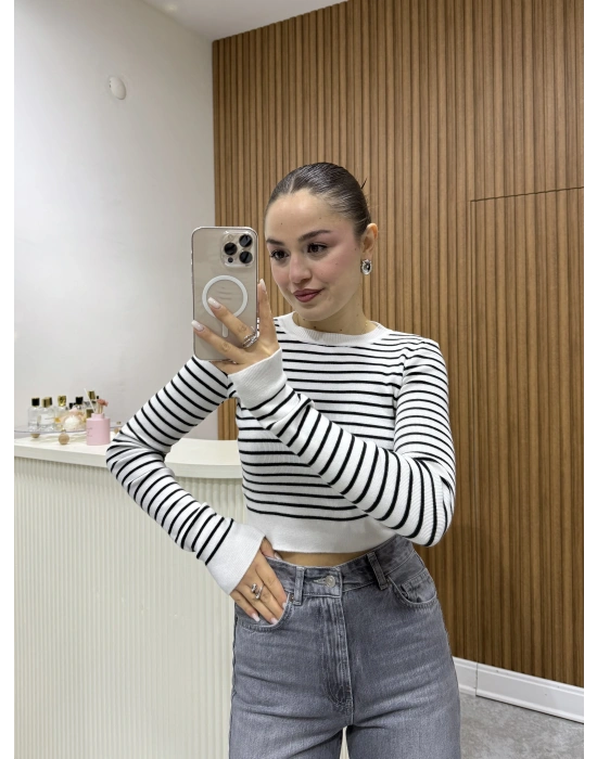Triko Çizgili Crop Ekru
