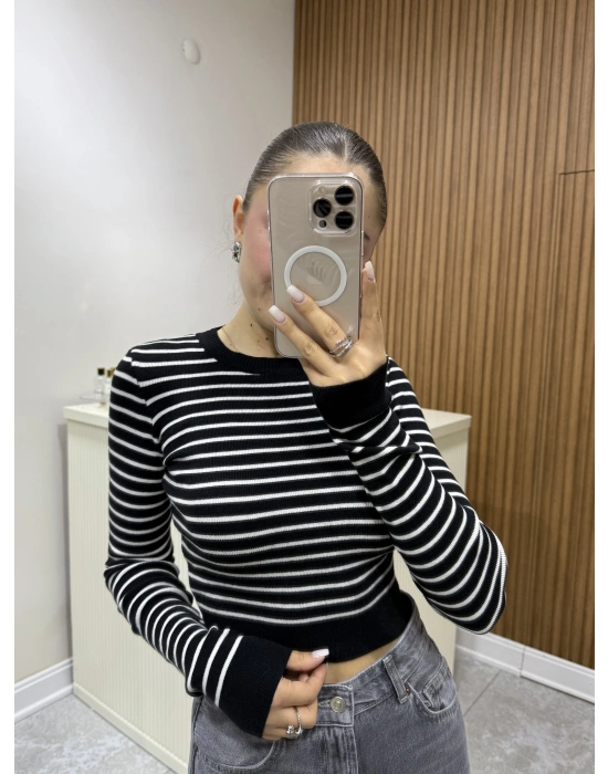 Triko Çizgili Crop Siyah