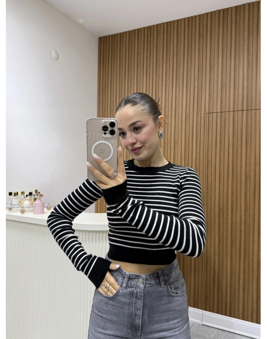 Triko Çizgili Crop Siyah