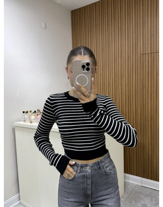 Triko Çizgili Crop Siyah