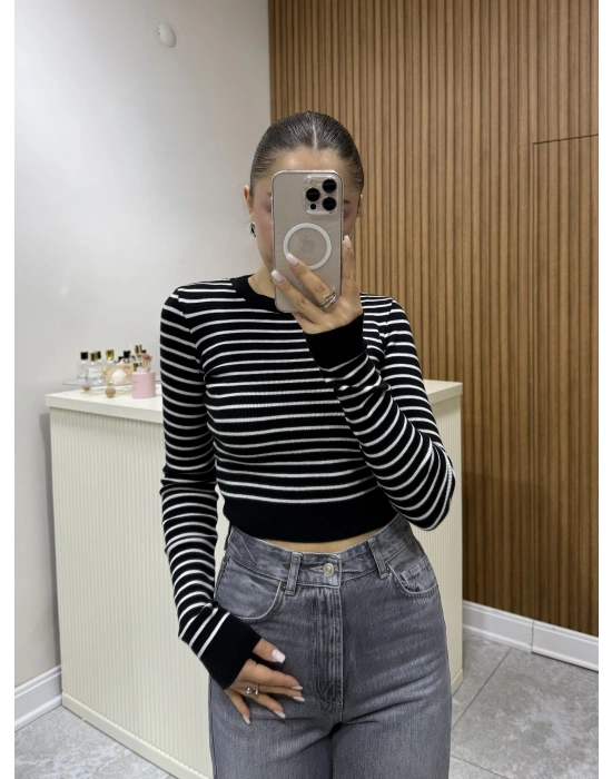 Triko Çizgili Crop Siyah