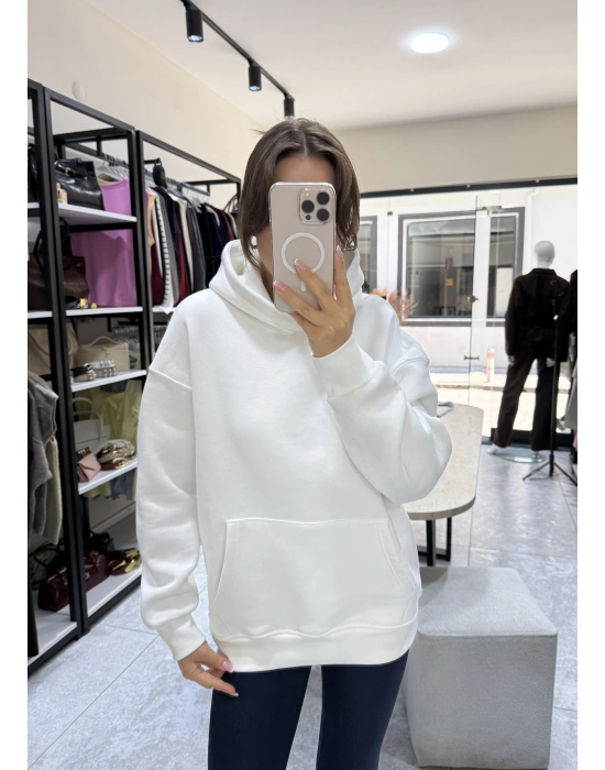 Unisex Beyaz Kapüşonlu Sweat