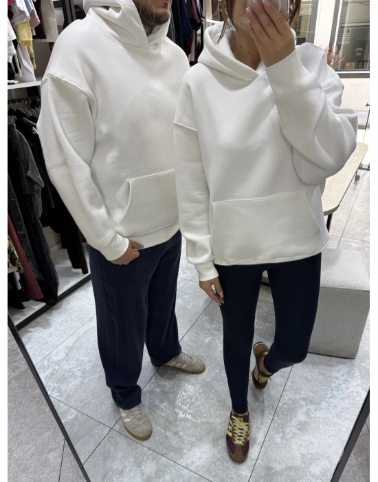 Unisex Beyaz Kapüşonlu Sweat