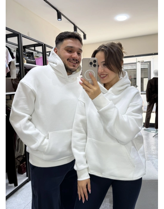 Unisex Beyaz Kapüşonlu Sweat
