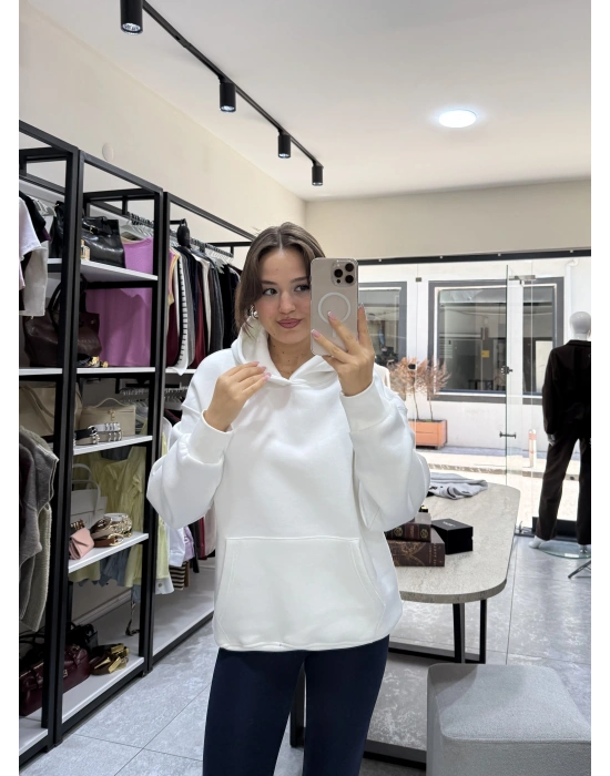Unisex Beyaz Kapüşonlu Sweat
