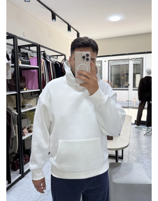 Unisex Beyaz Kapüşonlu Sweat