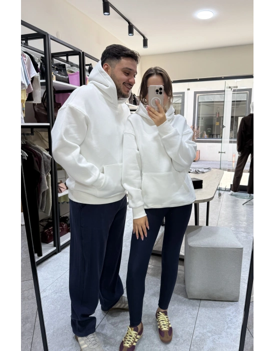 Unisex Beyaz Kapüşonlu Sweat