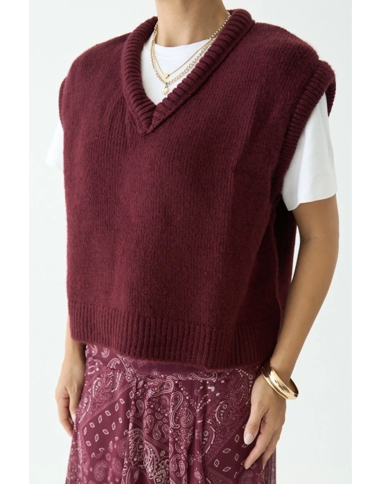 V Yaka Süveter Bordo