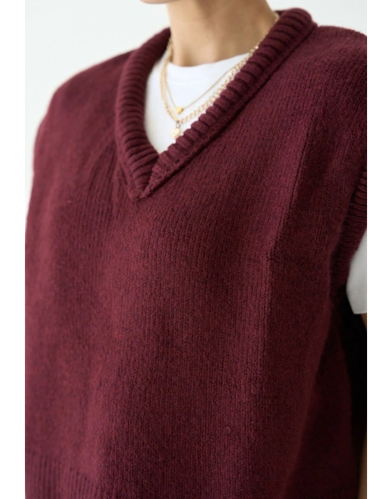 V Yaka Süveter Bordo