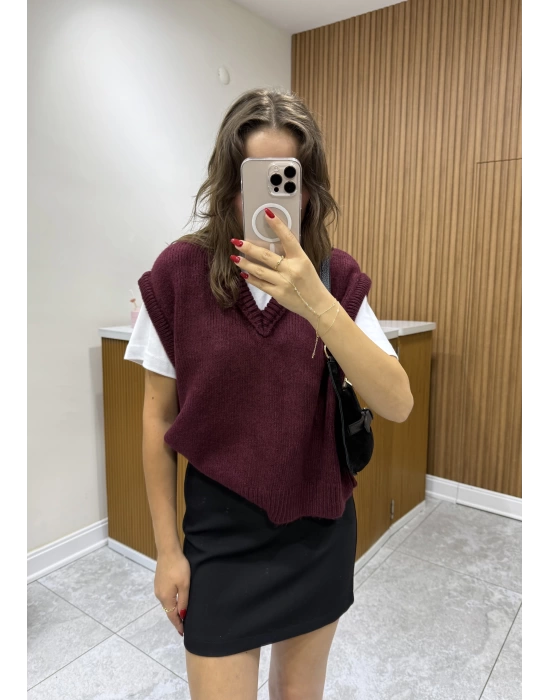V Yaka Süveter Bordo