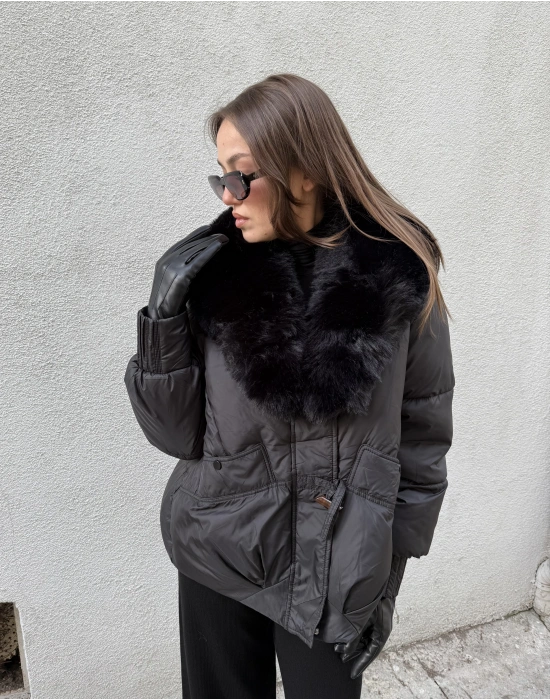 Yakası Kürk Detaylı Şişirme Mont Siyah