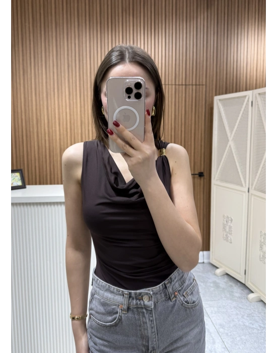 Yandan Drapeli Bodysuit Kahve